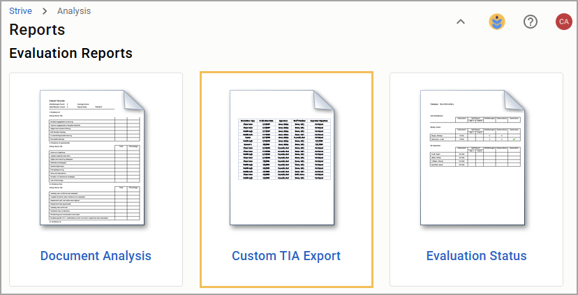 Evaluation reports showcasing Document Analysis, Custom TIA Export, and Evaluation Status options.